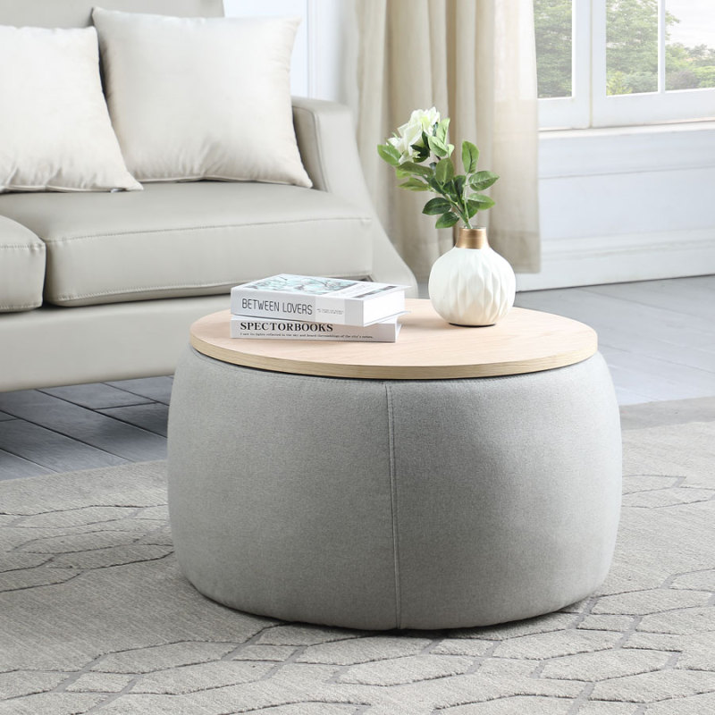 Round Storage Ottoman Coffee Table Footstool with Wood Cover for Living Room