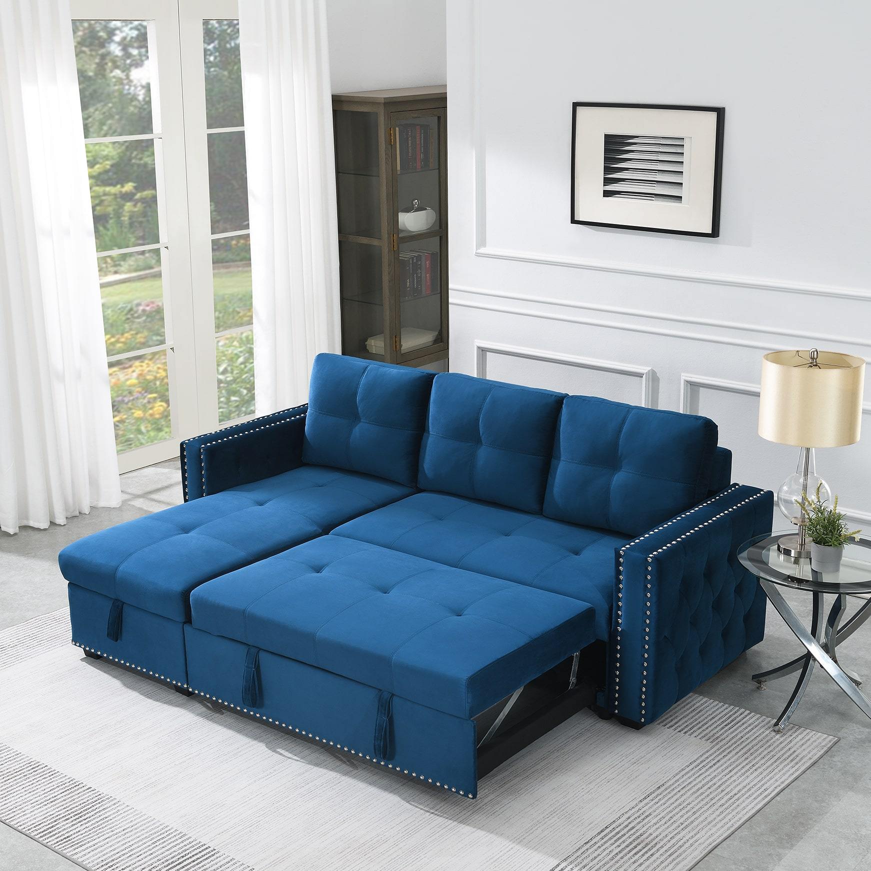Velvet Reversible Sleeper Sectional Sofa with Storage in Blue