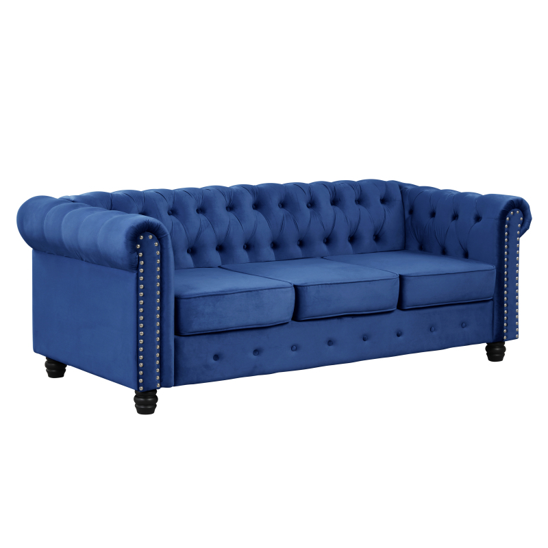 Contemporary Sofa Couch with Deep Button Tufting Dutch Velvet -  Blue