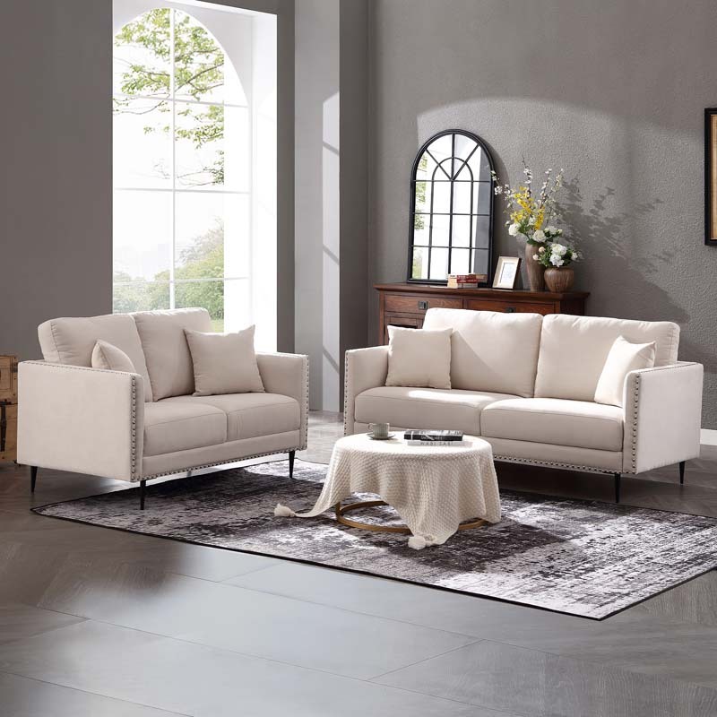 Morden Fort Sofa Couch, Comfy Sofa Set with Metal Legs and Retro Rivet Design for Small Space,