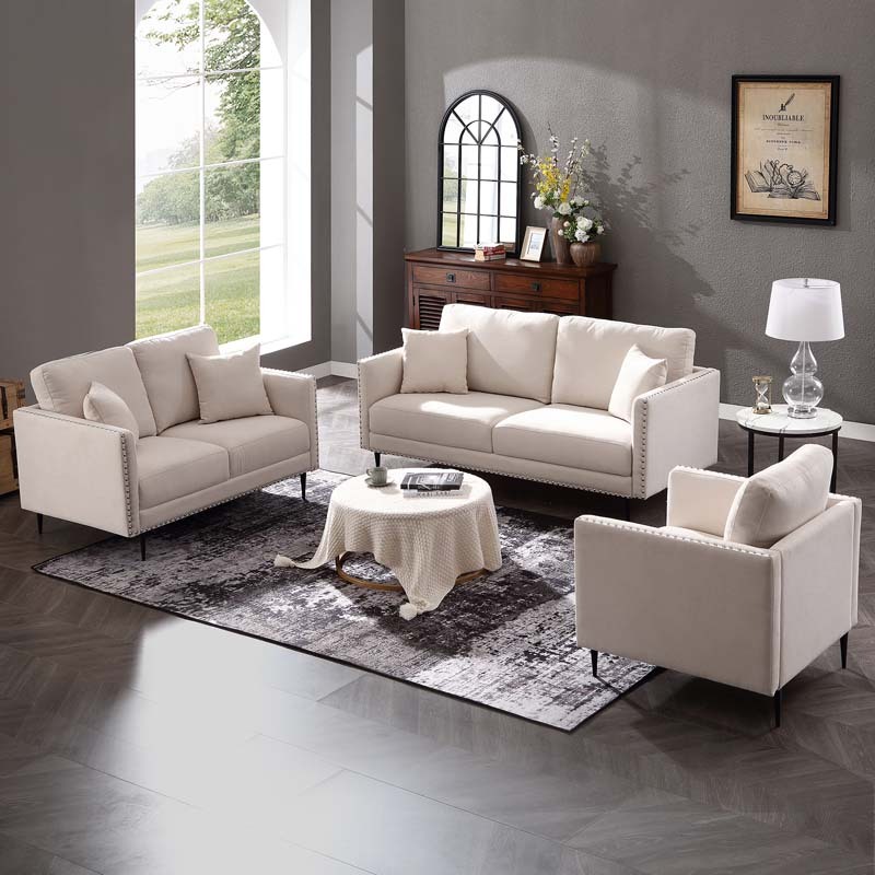 Morden Fort Sofa Couch, Comfy Sofa Set with Metal Legs and Retro Rivet Design for Small Space,