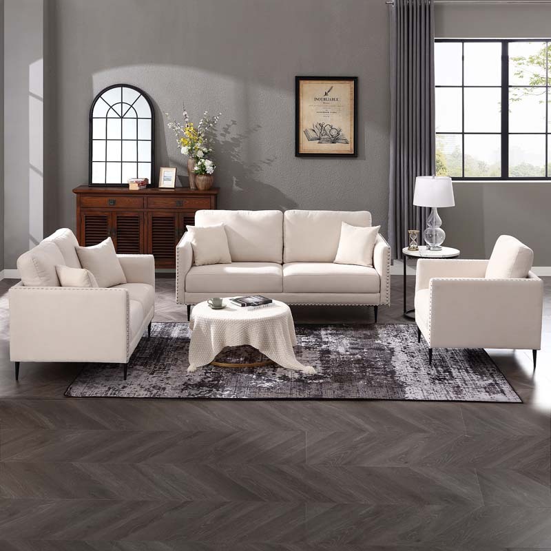 Morden Fort Sofa Couch, Comfy Sofa Set with Metal Legs and Retro Rivet Design for Small Space,