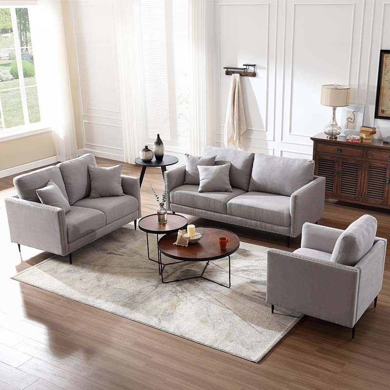 Morden Fort Sofa Couch, Comfy Sofa Set with Metal Legs and Retro Rivet Design for Small Space,