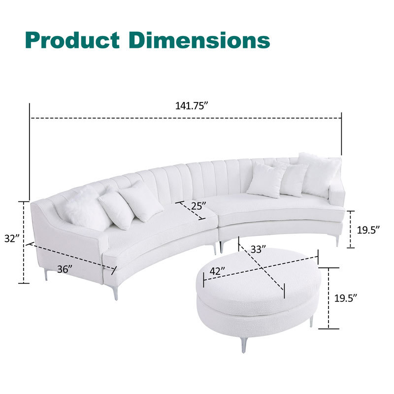 Luxury Modern Style Curved Sofa, Upholstery Boucle Sofa Couch with Ottoman and 6 Pillows