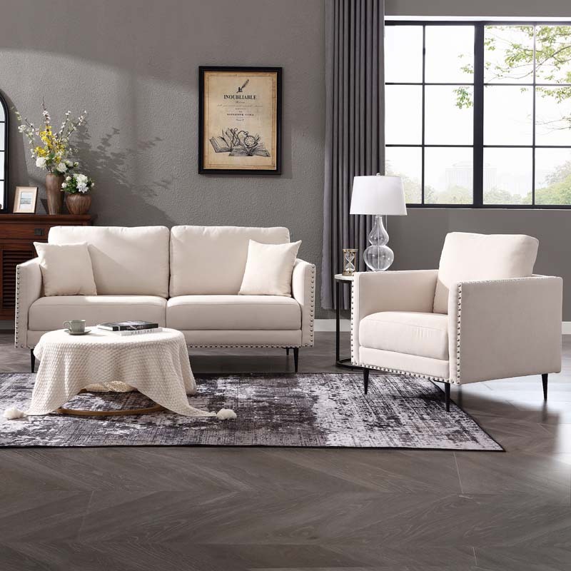 Morden Fort Sofa Couch, Comfy Sofa Set with Metal Legs and Retro Rivet Design for Small Space,