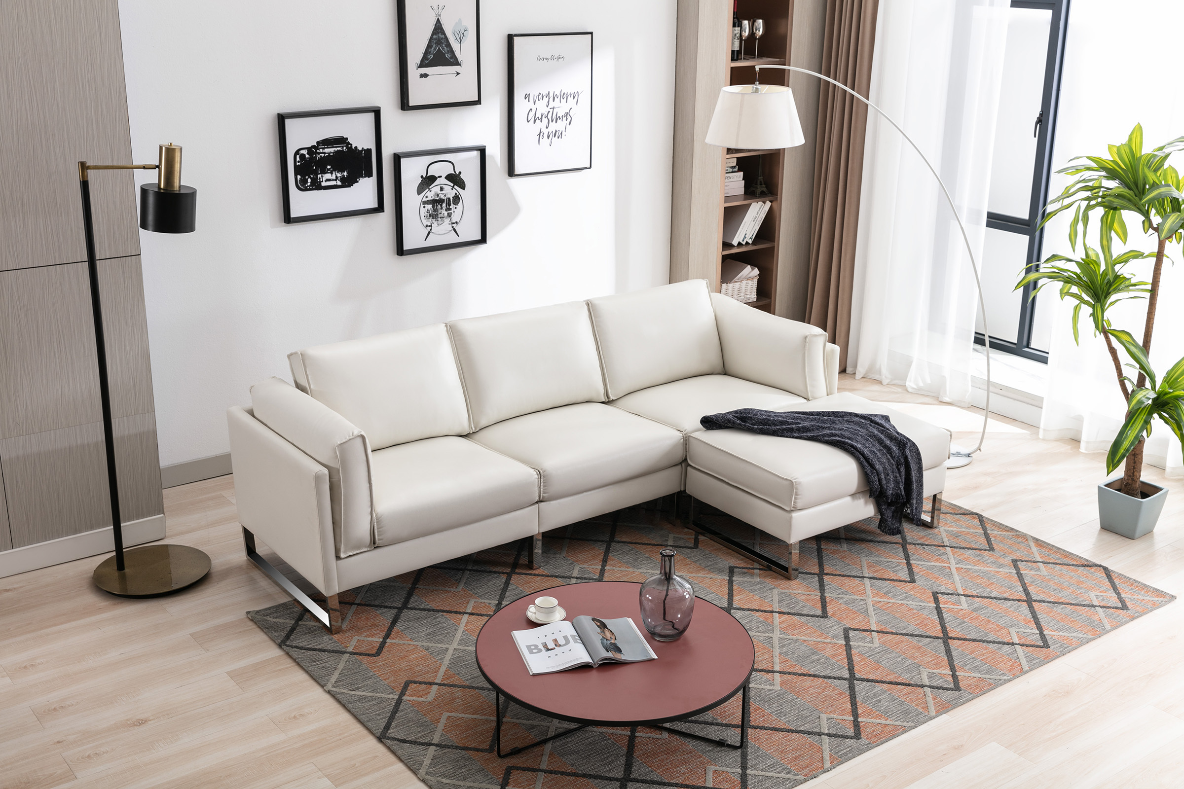 Faux Leahter Sofa Chaise Ottoman for Living Room