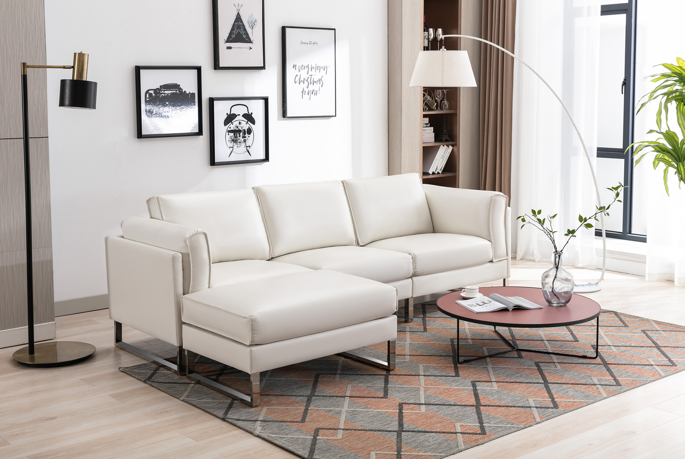 Faux Leahter Sofa Chaise Ottoman for Living Room
