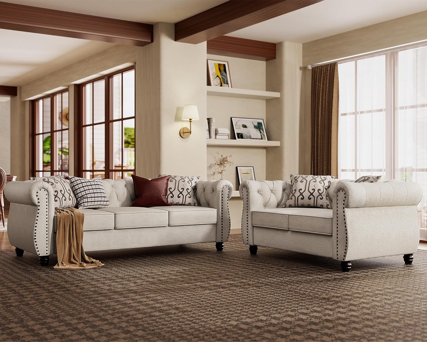 [Upgraded] Morden Fort Deep Seat Loveseat Oversized Sofa Couch [No Sagging] Loveseats Couches for Living Room Furniture Modern Loveseat Tool-Free Chesterfield Pet-Friendly Tufted Fabric Beige Loveseat