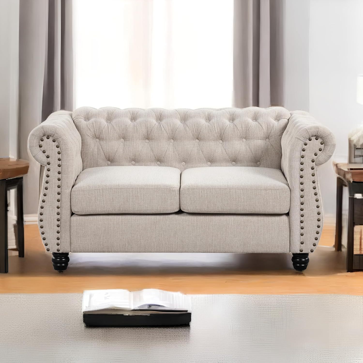 [Upgraded] Morden Fort Deep Seat Loveseat Oversized Sofa Couch [No Sagging] Loveseats Couches for Living Room Furniture Modern Loveseat Tool-Free Chesterfield Pet-Friendly Tufted Fabric Beige Loveseat
