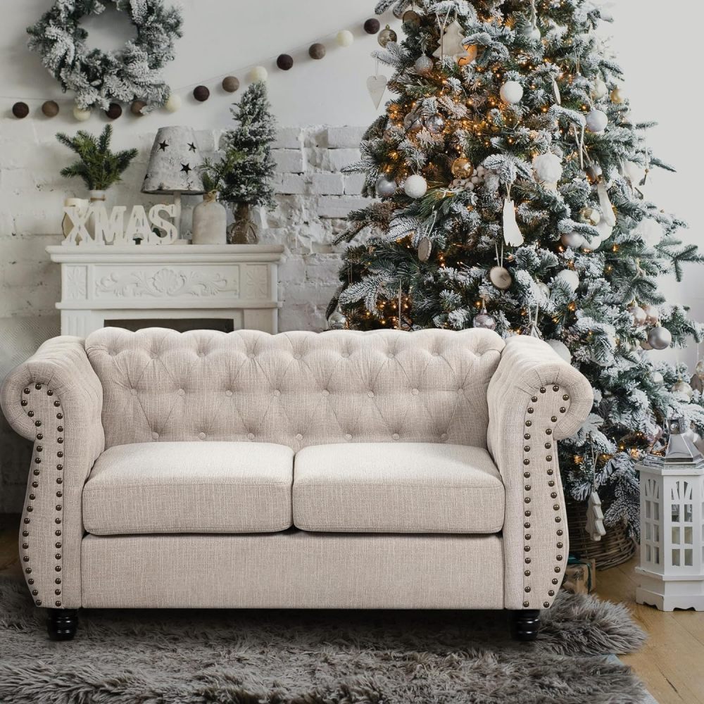 [Upgraded] Morden Fort Deep Seat Loveseat Oversized Sofa Couch [No Sagging] Loveseats Couches for Living Room Furniture Modern Loveseat Tool-Free Chesterfield Pet-Friendly Tufted Fabric Beige Loveseat
