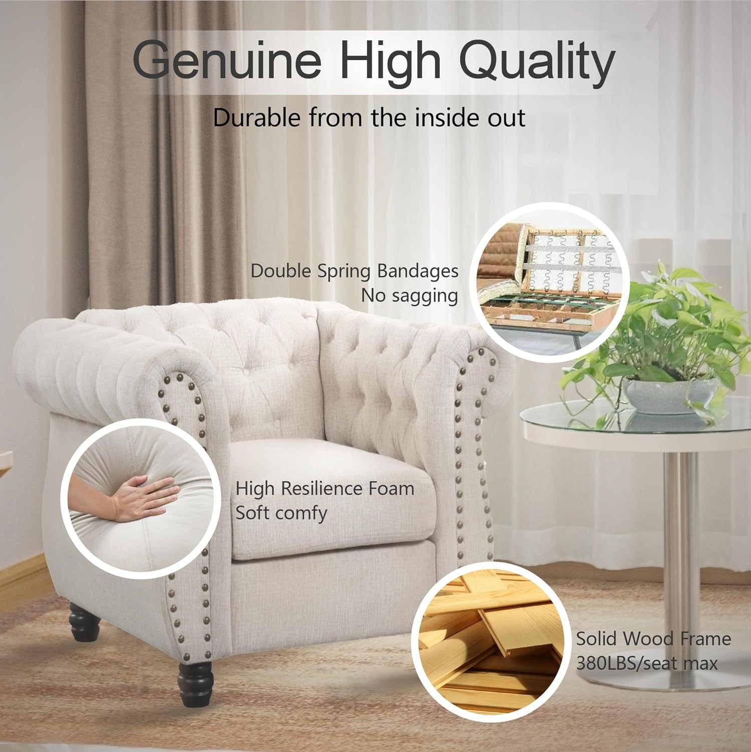 [Upgraded] Morden Fort Deep Seat Loveseat Oversized Sofa Couch [No Sagging] Loveseats Couches for Living Room Furniture Modern Loveseat Tool-Free Chesterfield Pet-Friendly Tufted Fabric Beige Loveseat