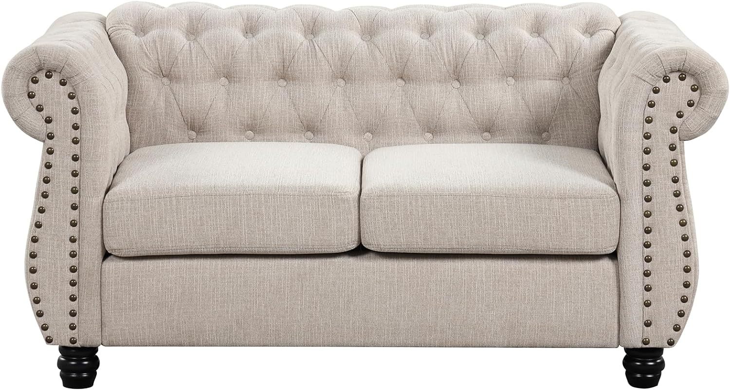 [Upgraded] Morden Fort Deep Seat Loveseat Oversized Sofa Couch [No Sagging] Loveseats Couches for Living Room Furniture Modern Loveseat Tool-Free Chesterfield Pet-Friendly Tufted Fabric Beige Loveseat