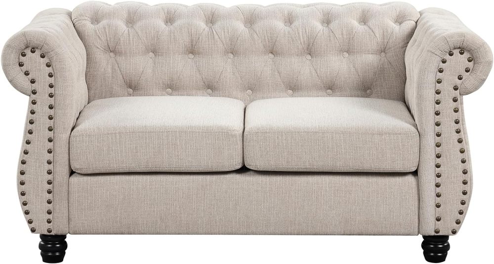 [Upgraded] Morden Fort Deep Seat Loveseat Oversized Sofa Couch [No Sagging] Loveseats Couches for Living Room Furniture Modern Loveseat Tool-Free Chesterfield Pet-Friendly Tufted Fabric Beige Loveseat