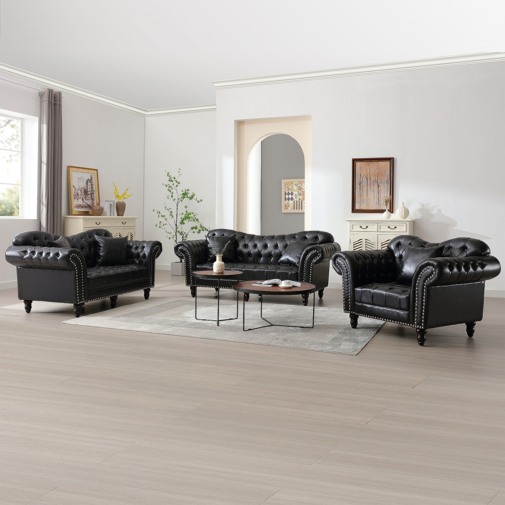 Chesterfield Leather Sofa Set Tufing Button Design