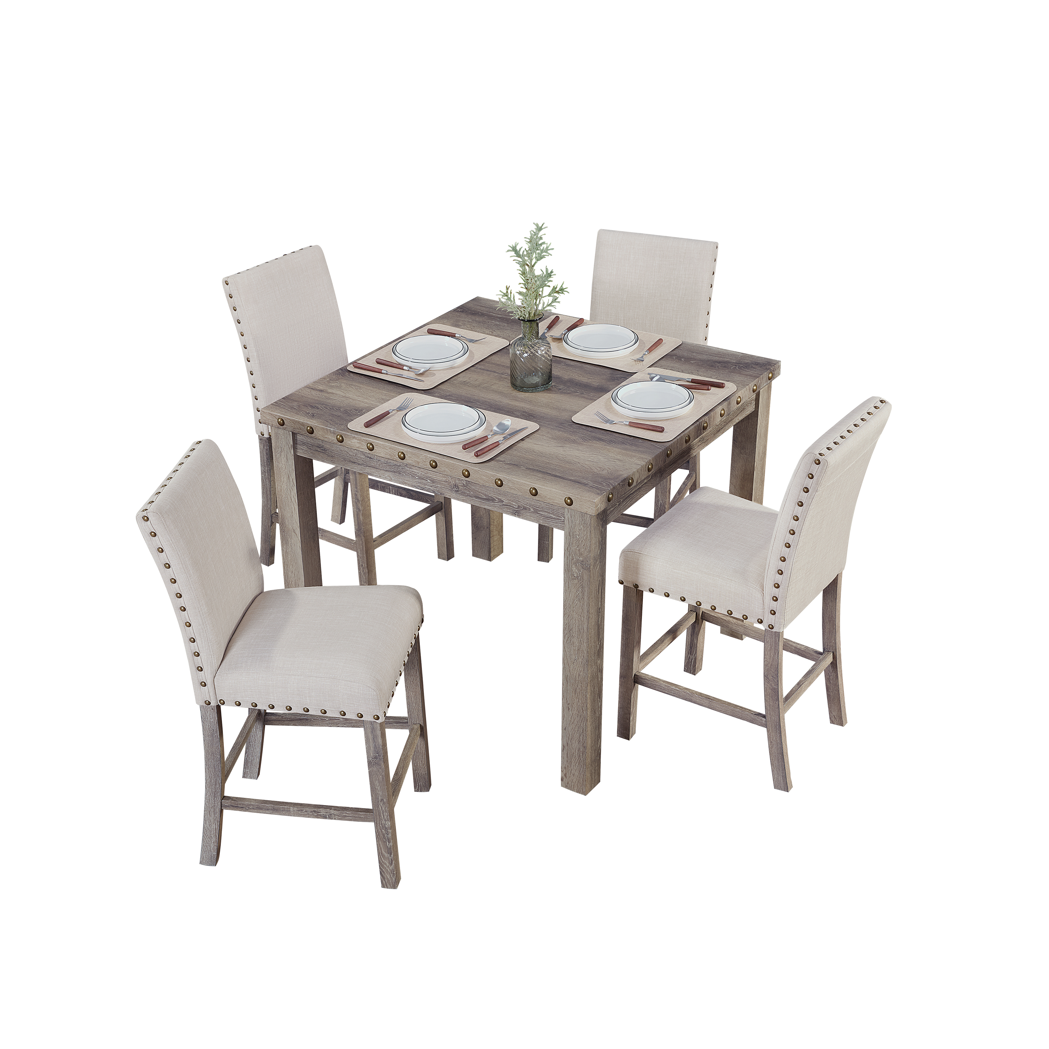 Farmhouse 42 in. W Rural Log Wood Counter Height 4-Legs Dining Table with Square Top and Nail Head Trim Seats 4-Morden Fort
