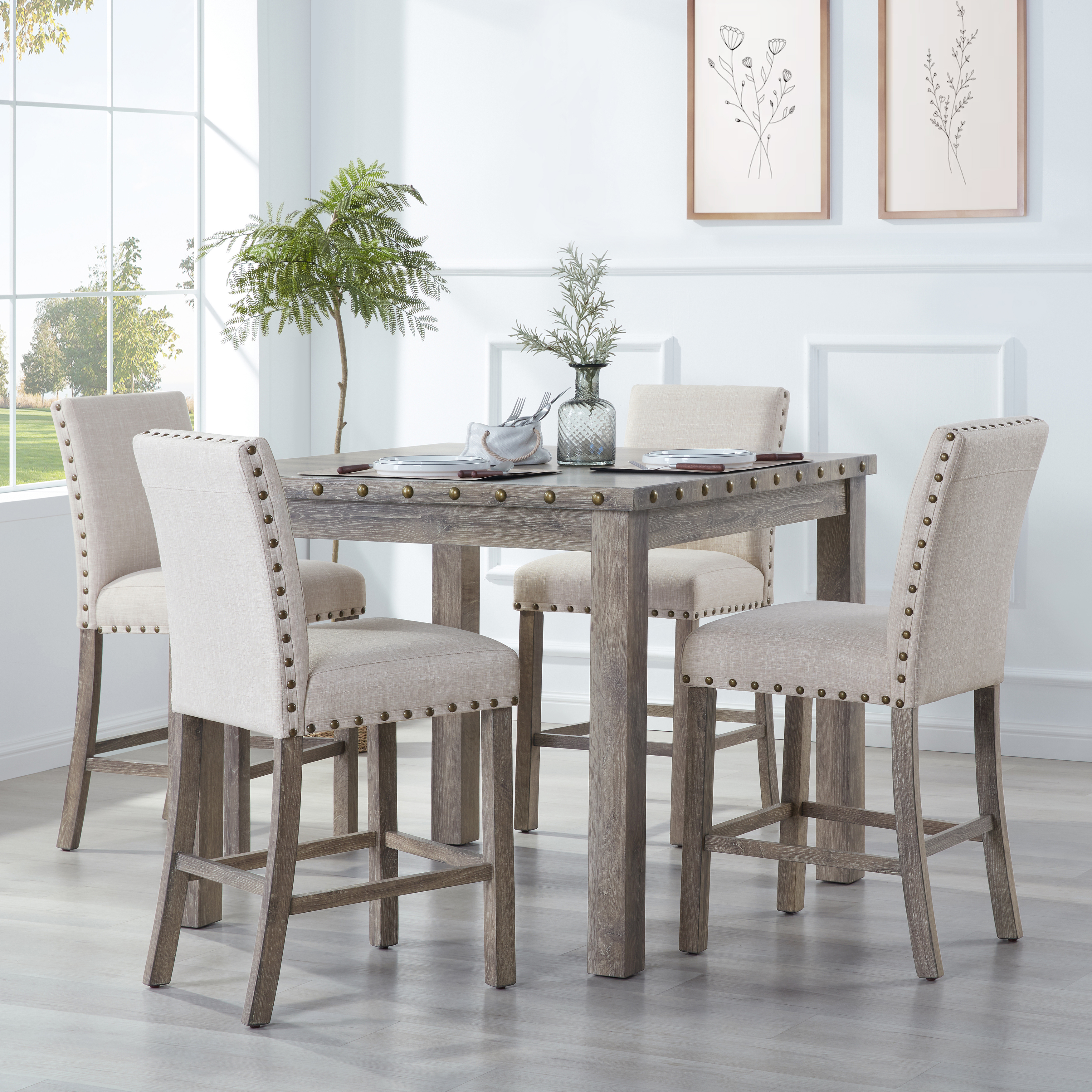 Farmhouse 42 in. W Rural Log Wood Counter Height 4-Legs Dining Table with Square Top and Nail Head Trim Seats 4-Morden Fort