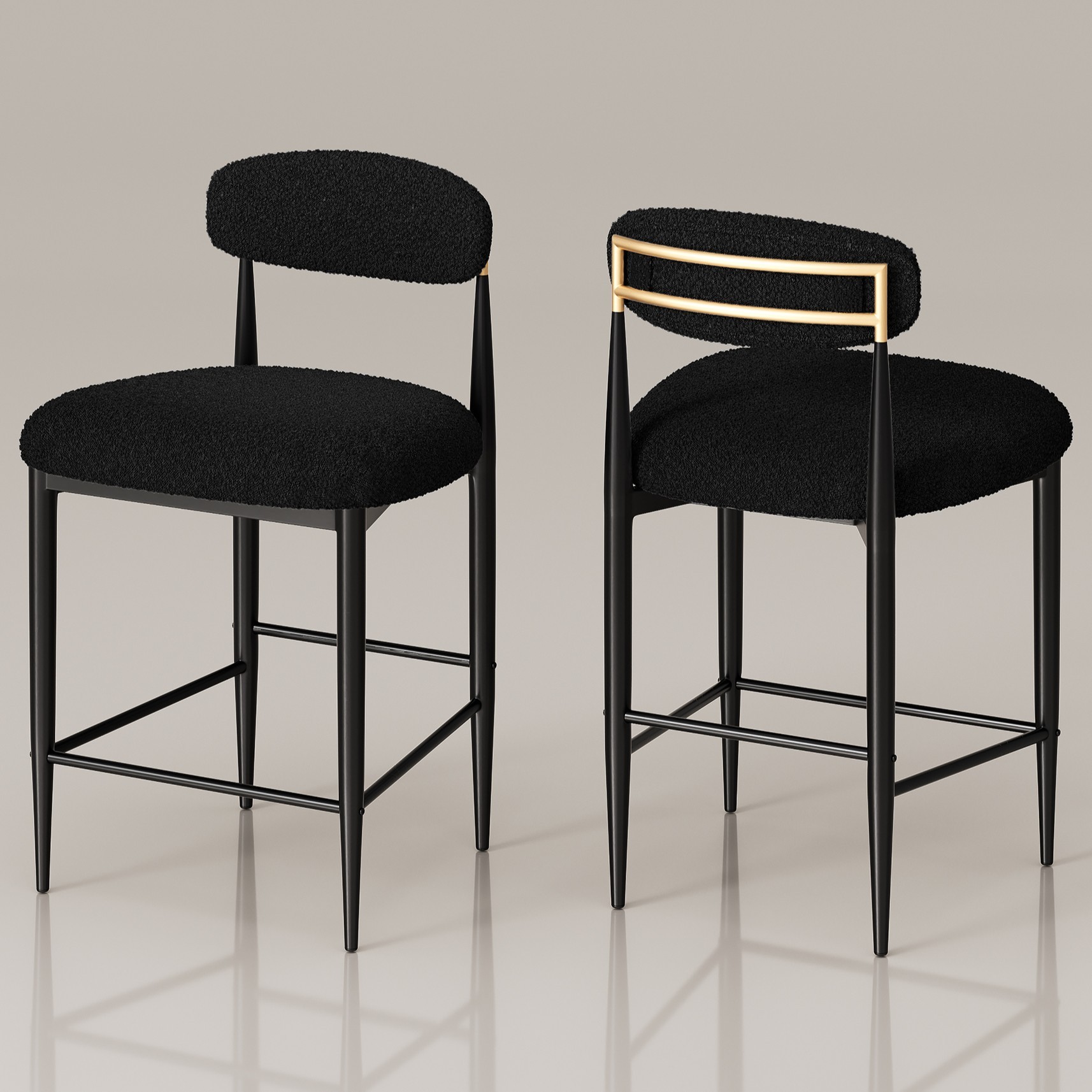 BLACK Lamb's Wool-Like Boucle Fabric Bar Stools Set of 2 with Mid-Century Modern Upholstered Seats for Cafe, Kitchen Island