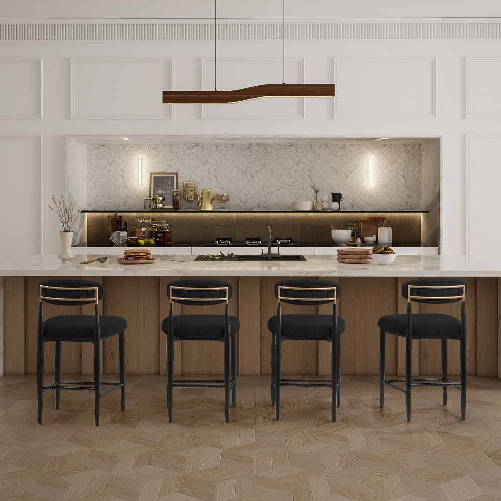 BLACK Lamb's Wool-Like Boucle Fabric Bar Stools Set of 2 with Mid-Century Modern Upholstered Seats for Cafe, Kitchen Island