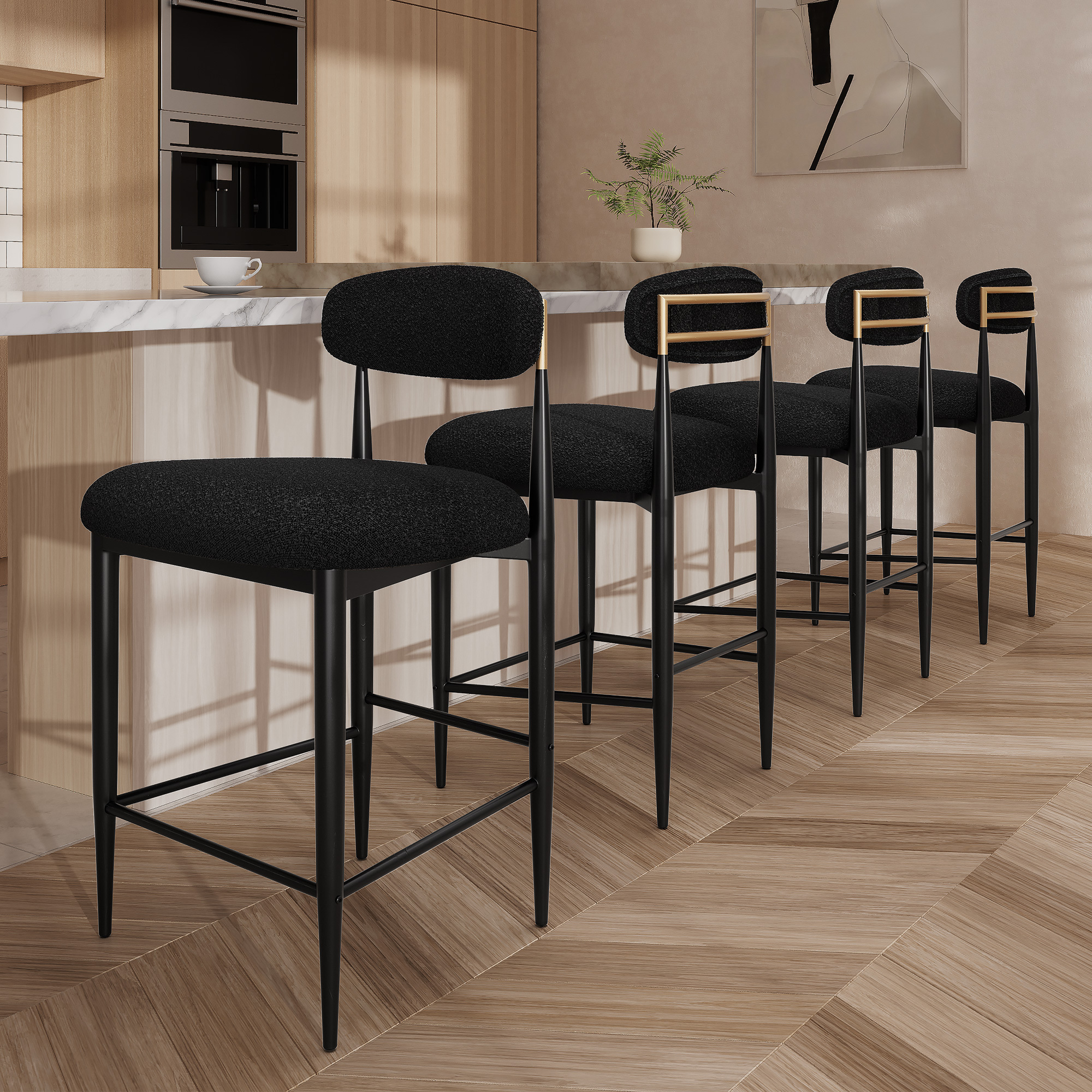 BLACK Lamb's Wool-Like Boucle Fabric Bar Stools Set of 2 with Mid-Century Modern Upholstered Seats for Cafe, Kitchen Island