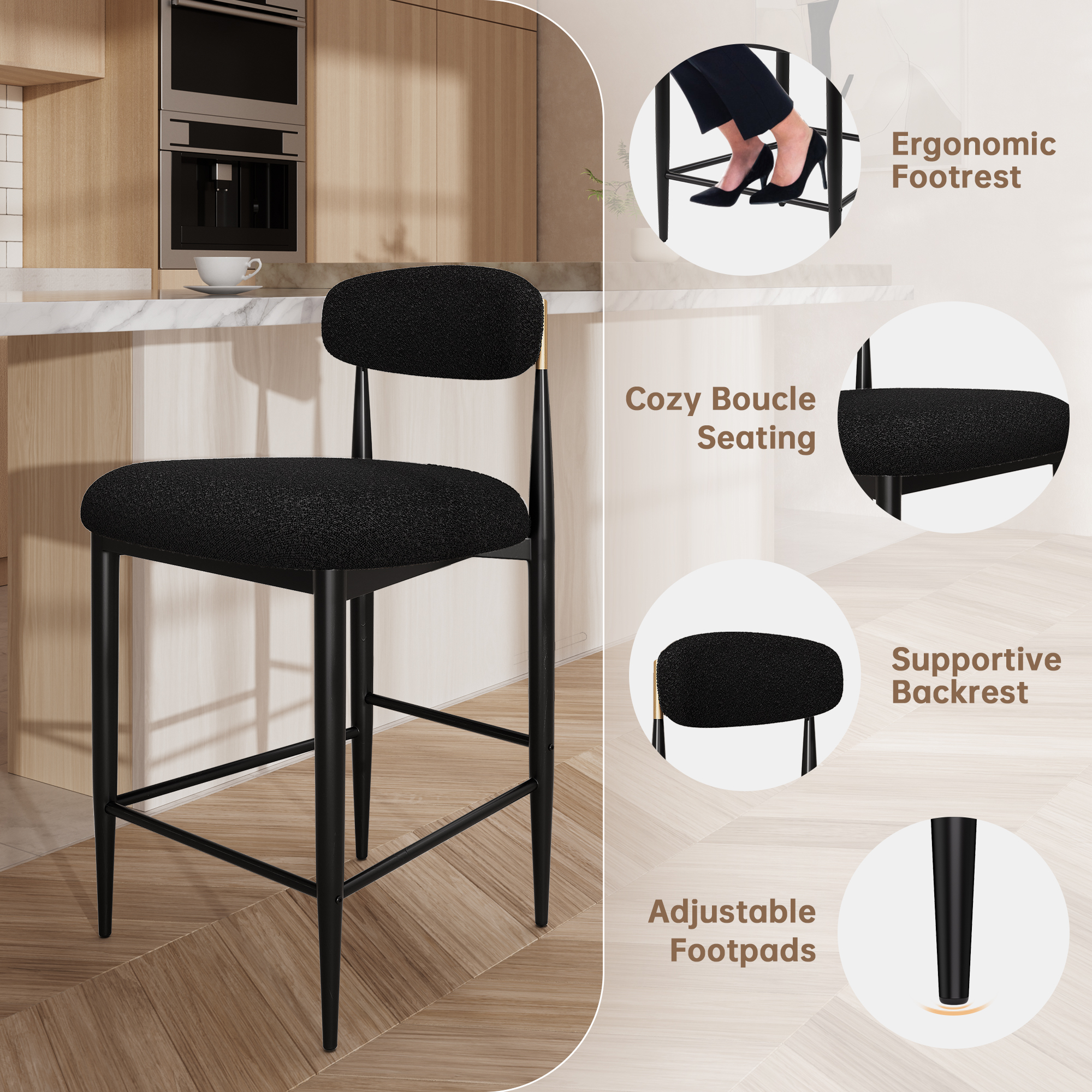 BLACK Lamb's Wool-Like Boucle Fabric Bar Stools Set of 2 with Mid-Century Modern Upholstered Seats for Cafe, Kitchen Island