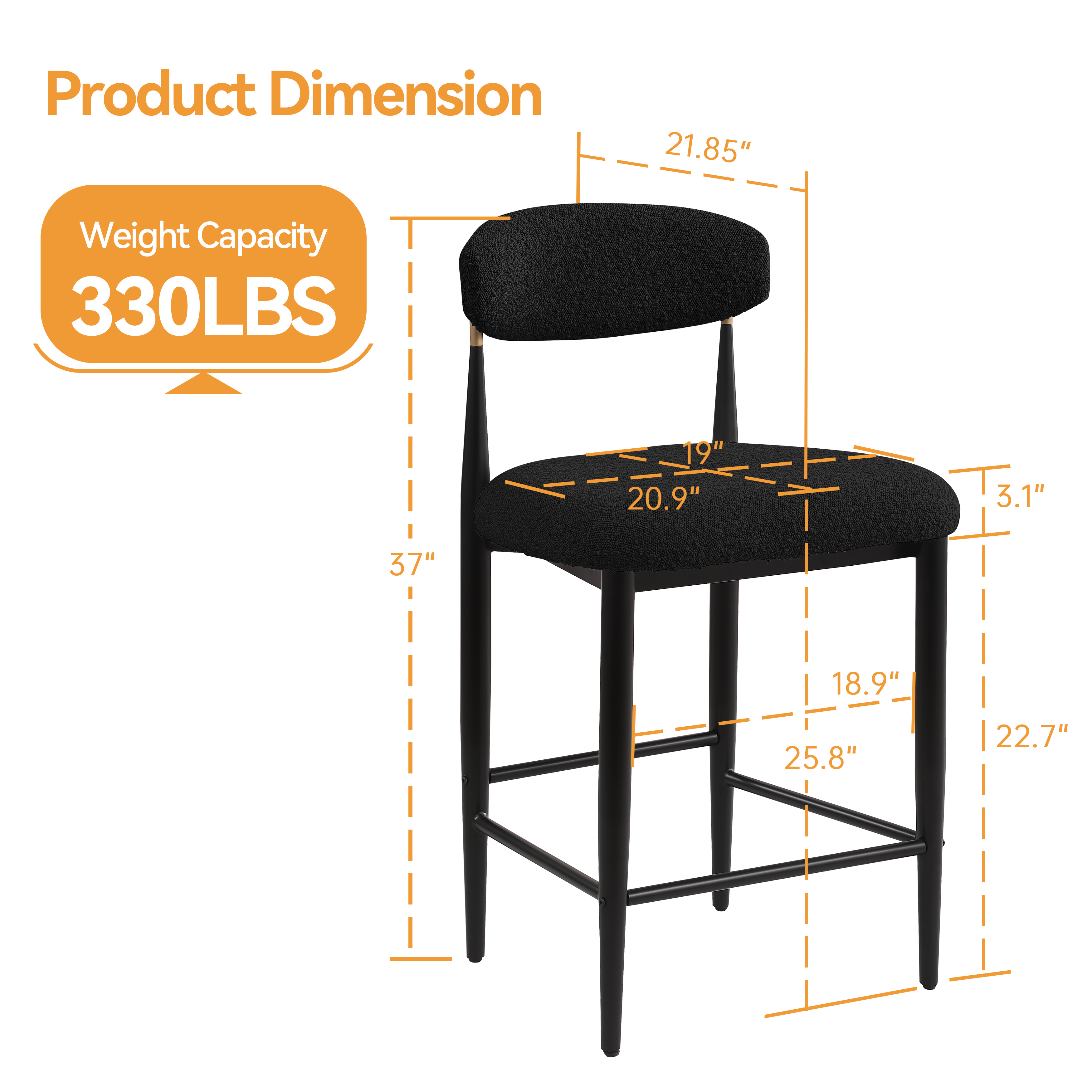 BLACK Lamb's Wool-Like Boucle Fabric Bar Stools Set of 2 with Mid-Century Modern Upholstered Seats for Cafe, Kitchen Island