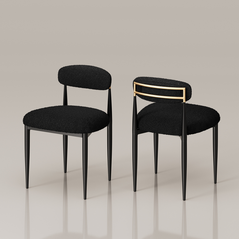 Set of 2 Boucle Armless Dining Chairs , with Curved Backrest and Black Metal Legs for Dining Room and Living Room - Morden Fort