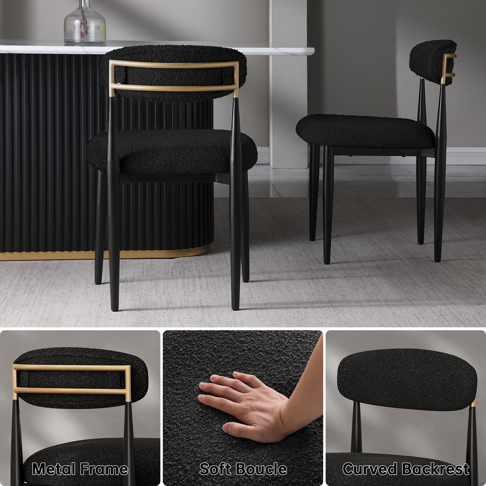 Set of 2 Boucle Armless Dining Chairs , with Curved Backrest and Black Metal Legs for Dining Room and Living Room - Morden Fort