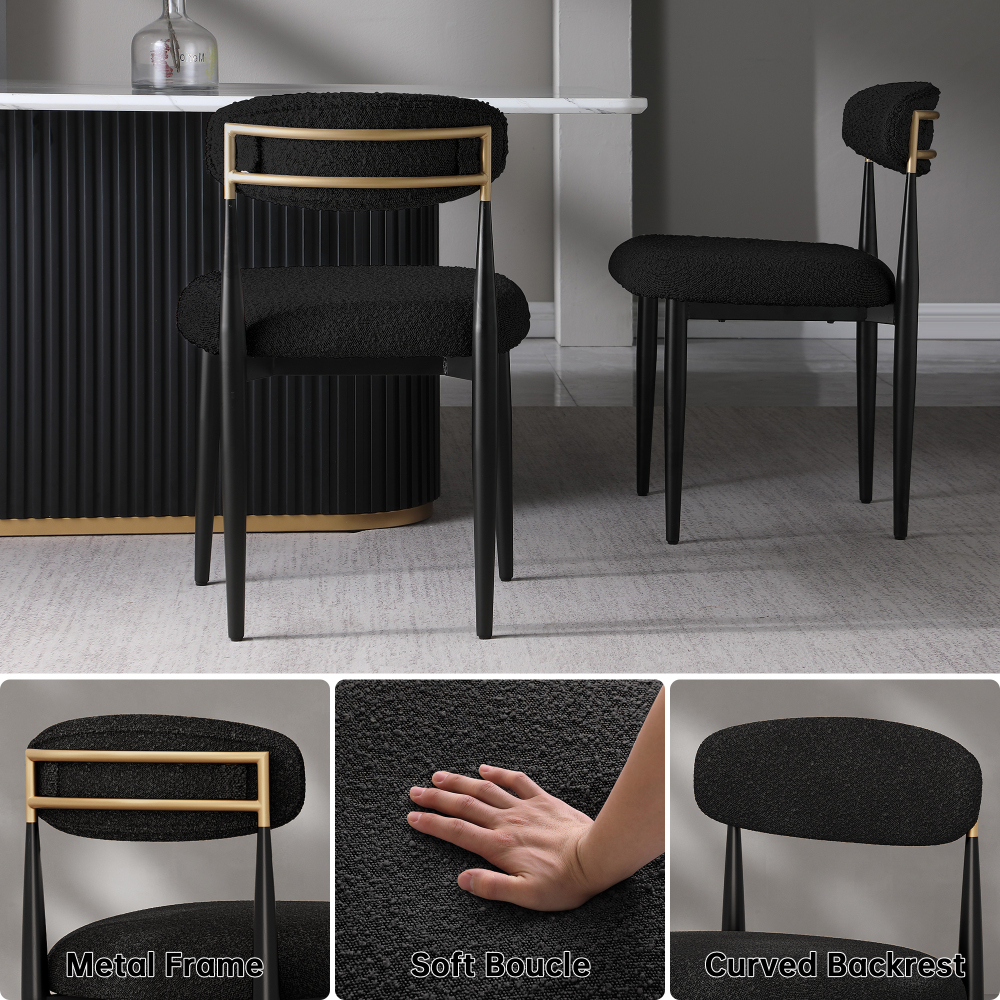Set of 2 Boucle Armless Dining Chairs , with Curved Backrest and Black Metal Legs for Dining Room and Living Room - Morden Fort