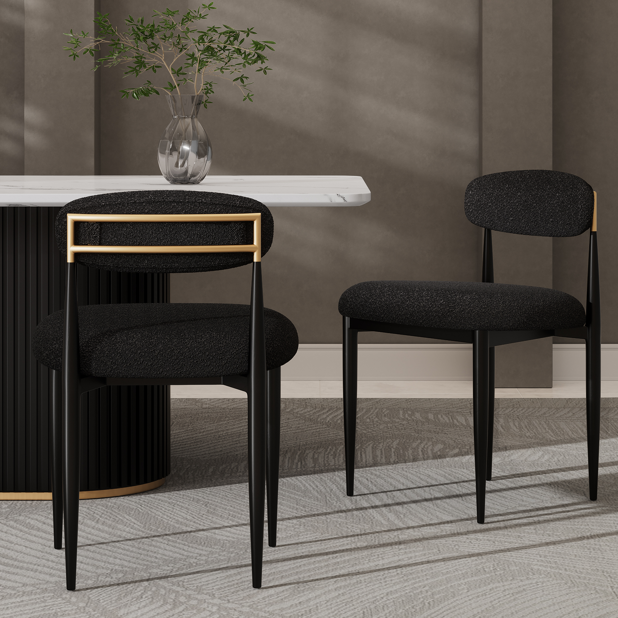 Set of 2 Boucle Armless Dining Chairs , with Curved Backrest and Black Metal Legs for Dining Room and Living Room - Morden Fort