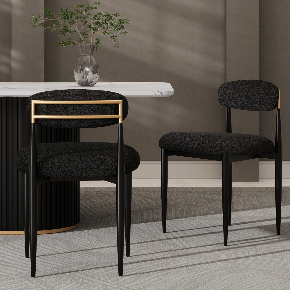 Set of 2 Boucle Armless Dining Chairs , with Curved Backrest and Black Metal Legs for Dining Room and Living Room - Morden Fort