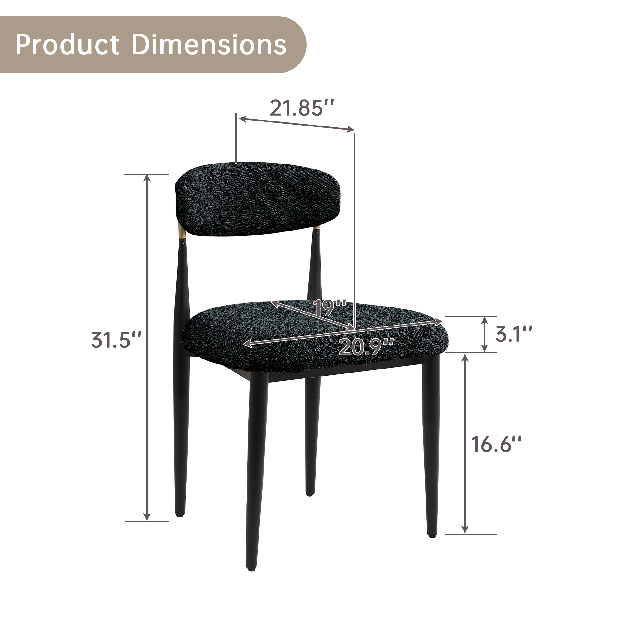 Set of 2 Boucle Armless Dining Chairs , with Curved Backrest and Black Metal Legs for Dining Room and Living Room - Morden Fort