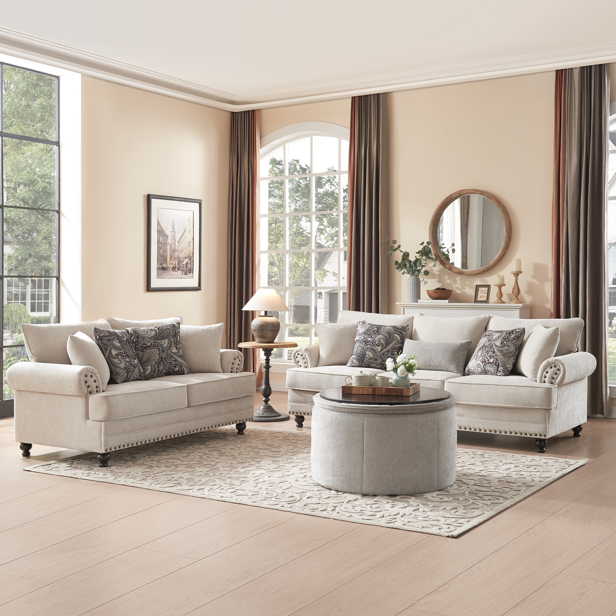 3-Pieces Chesterfield Couch Set Rolled Arm Chenille Beige Sofa Loveseat Living Room Set with Storage Coffee Table