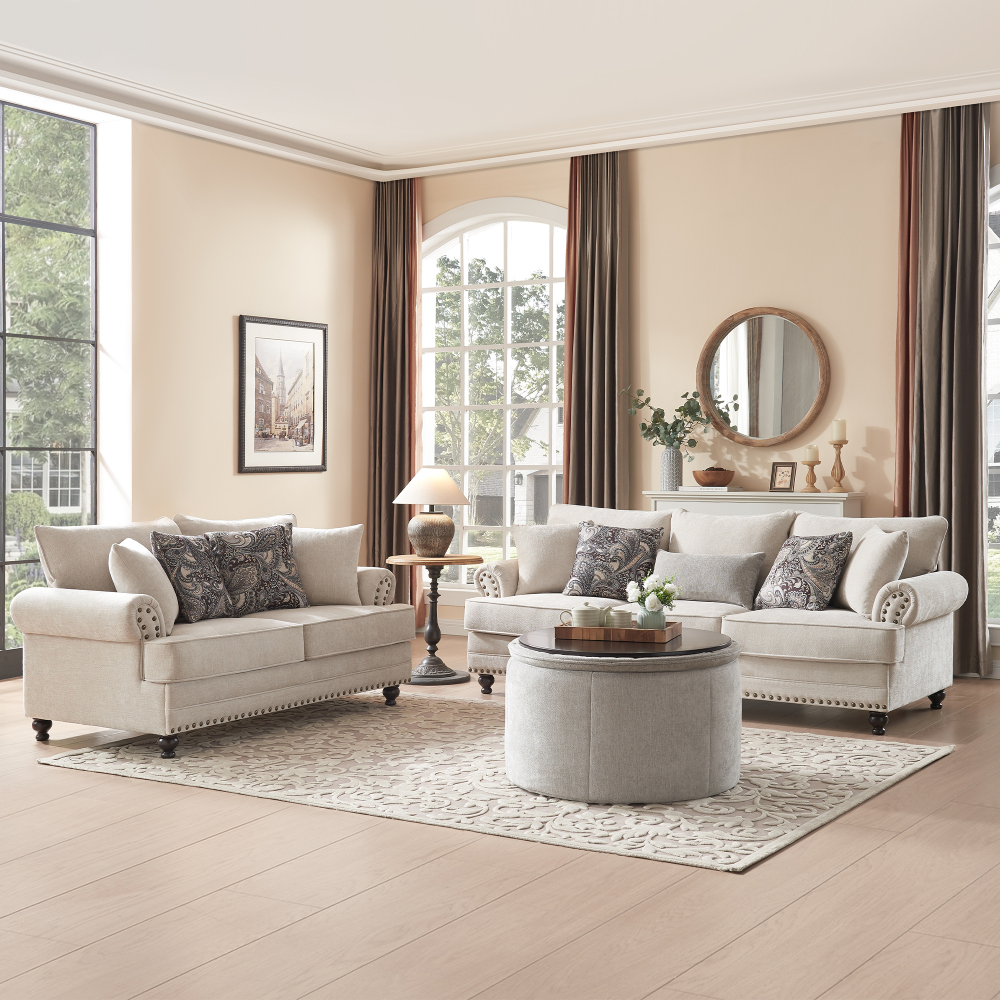 3-Pieces Chesterfield Couch Set Rolled Arm Chenille Beige Sofa Loveseat Living Room Set with Storage Coffee Table