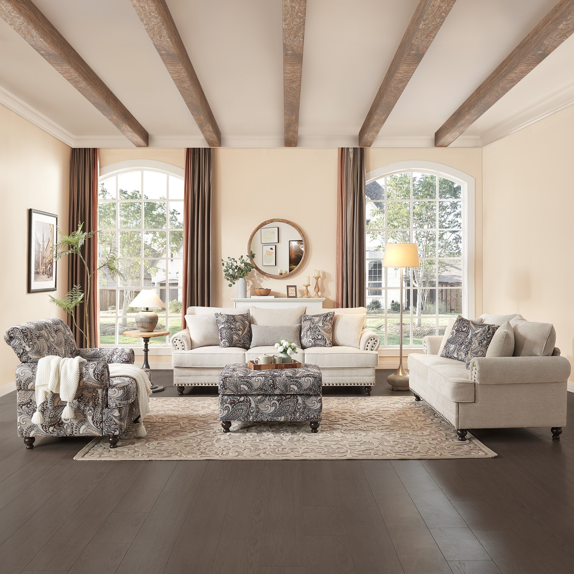 4-Pieces Chesterfield Couch Set Chenille Flora Sofa Loveseat and Armchair Living Room Set with Ottoman