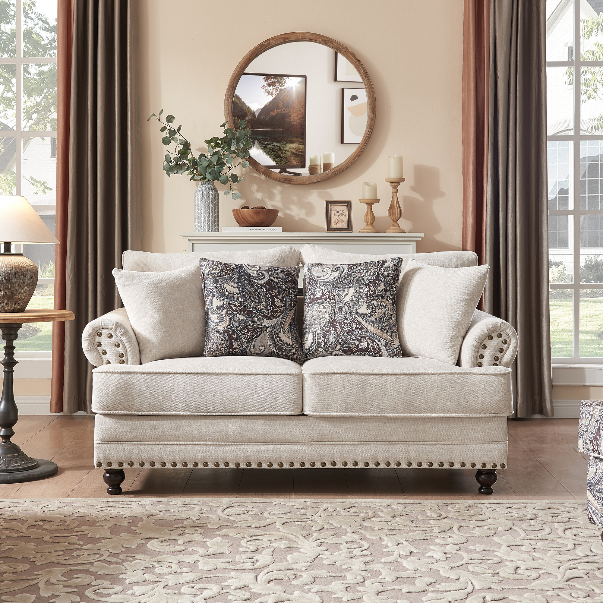 64 in. Chesterfield Couch Beige Chenille 2-Seater Loveseat with Rolled Arm Comfort Nailhead Sofa for Living Room