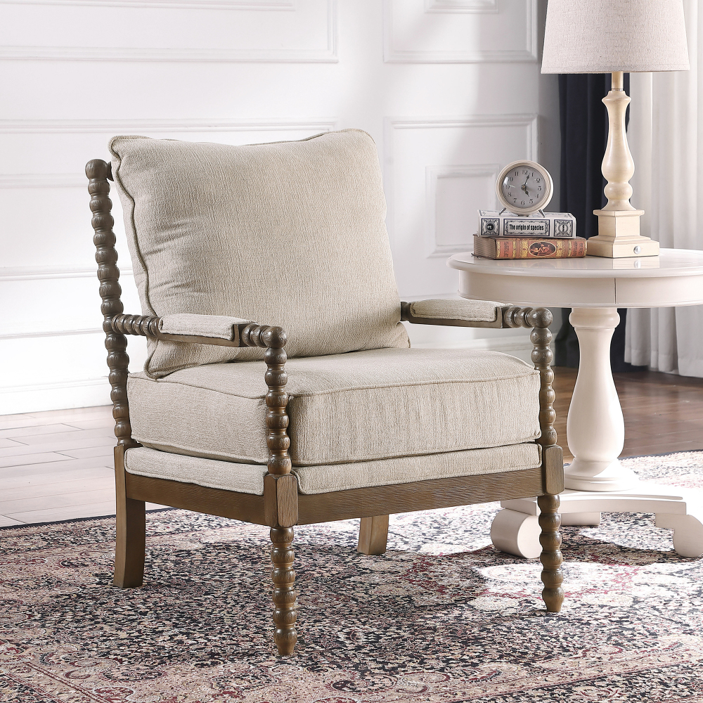 Mid Century Beige Spindle Accent Chair Upholstered Armchair with Thick Cushion and Wood Frame