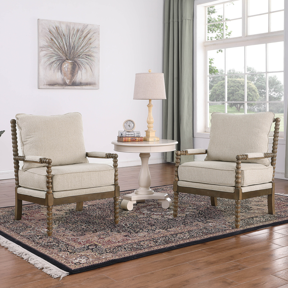 2-Piece Mid Century Beige Spindle Accent Chair Upholstered Armchair with Thick Cushion and Wood Frame