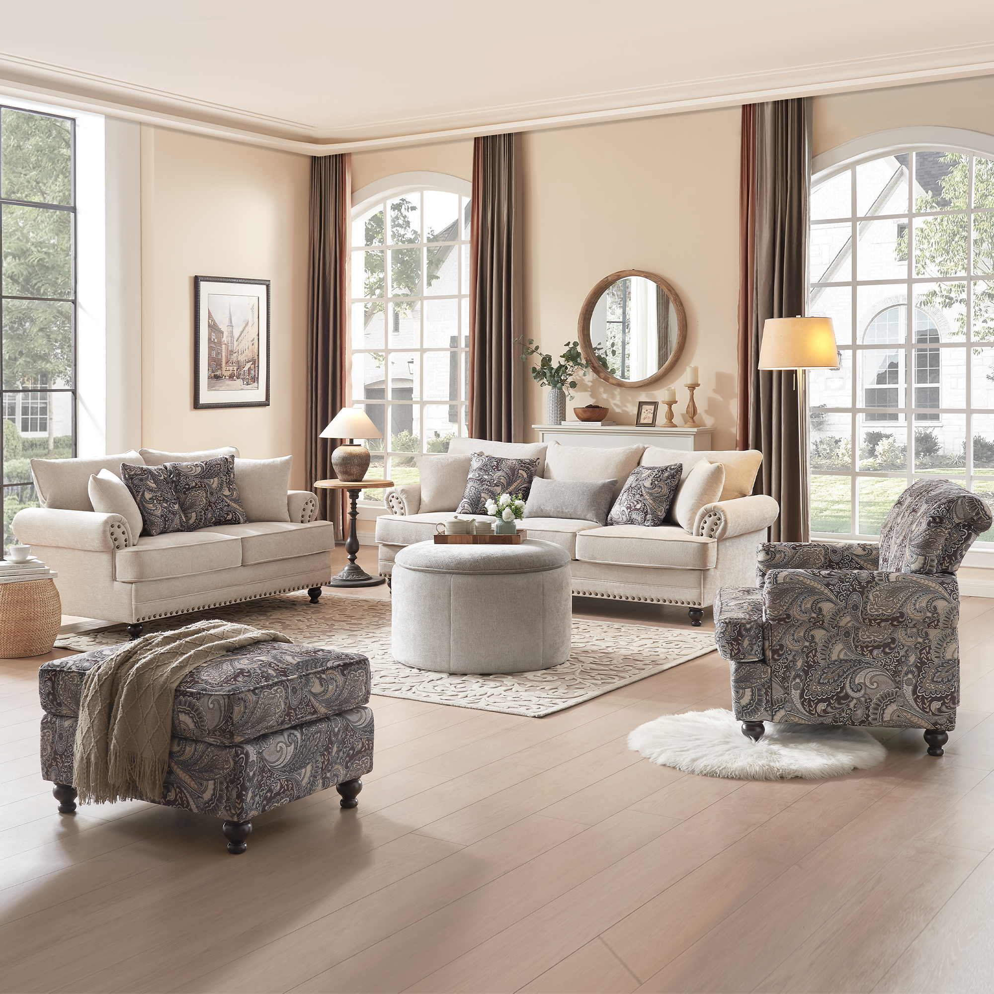 5-Pieces Chesterfield Couch Set Chenille Flora Sofa Loveseat and Armchair Living Room Set with Ottoman Coffee Table