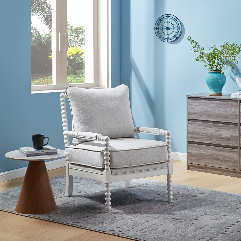Mid Century White Spindle Accent Chair Upholstered Armchair with Thick Cushion and Wood Frame