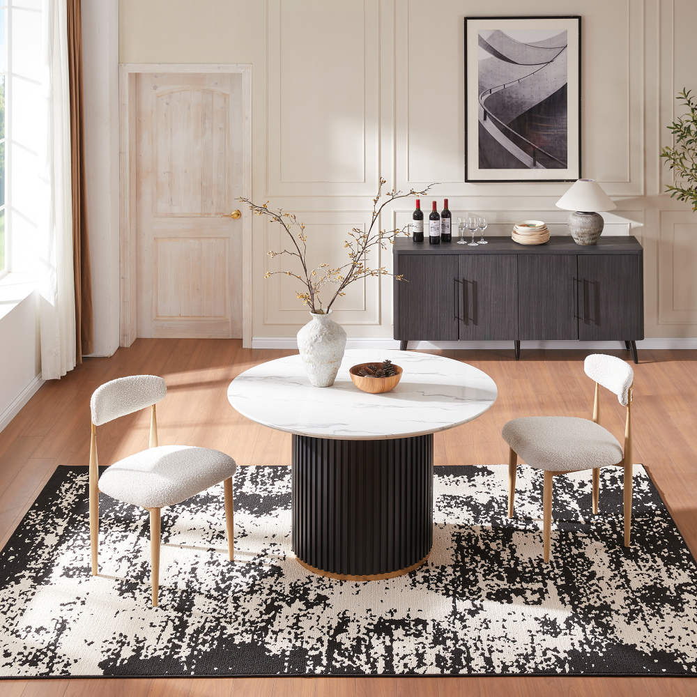 Modern 3-Piece Faux Marble Dining Table Top with Boucle Chairs in White Dining Room Set for Kitchen