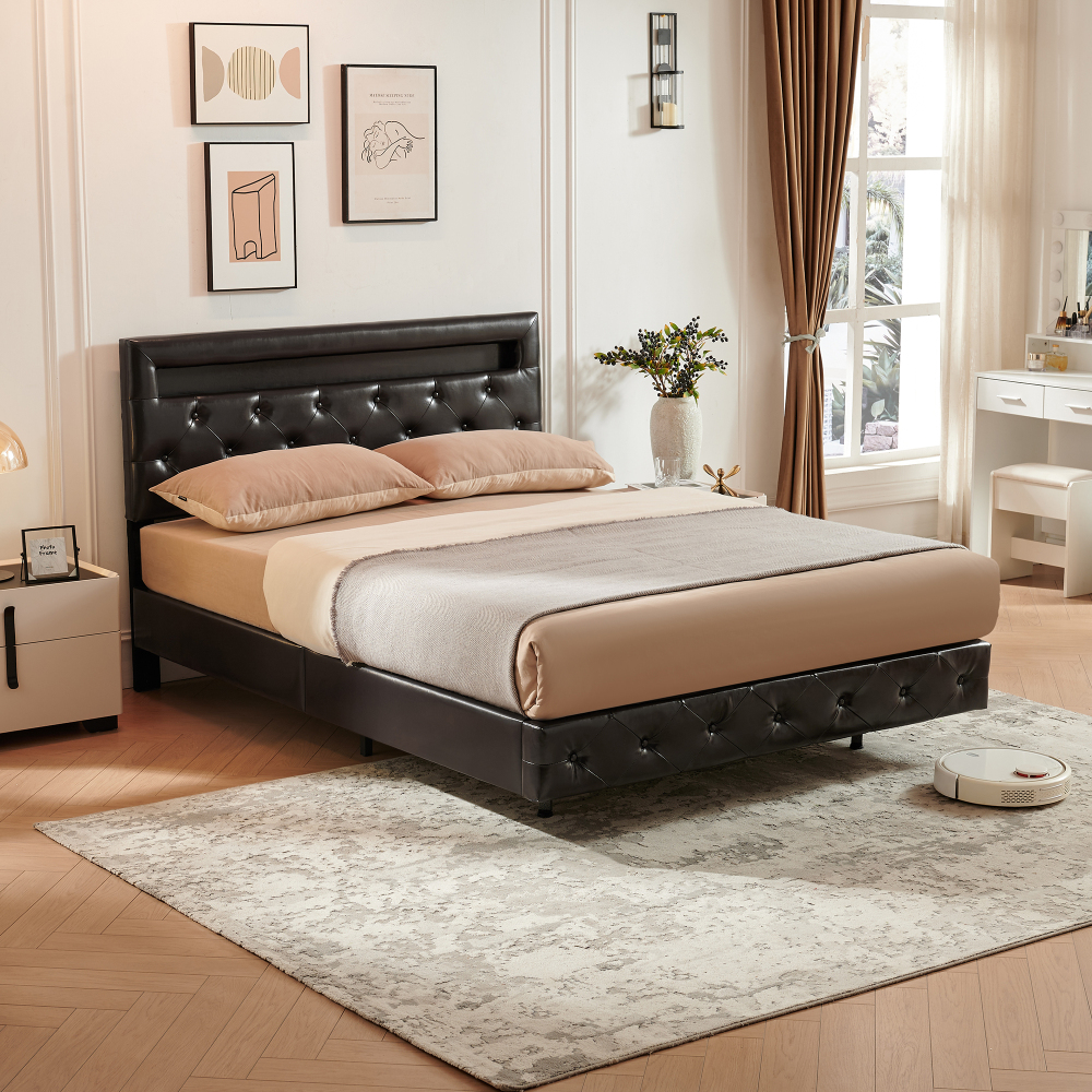 LED Floating Brown Wood Frame Queen Size Platform Bed with Faux Leather Upholstered Headboard No Spring Box Need