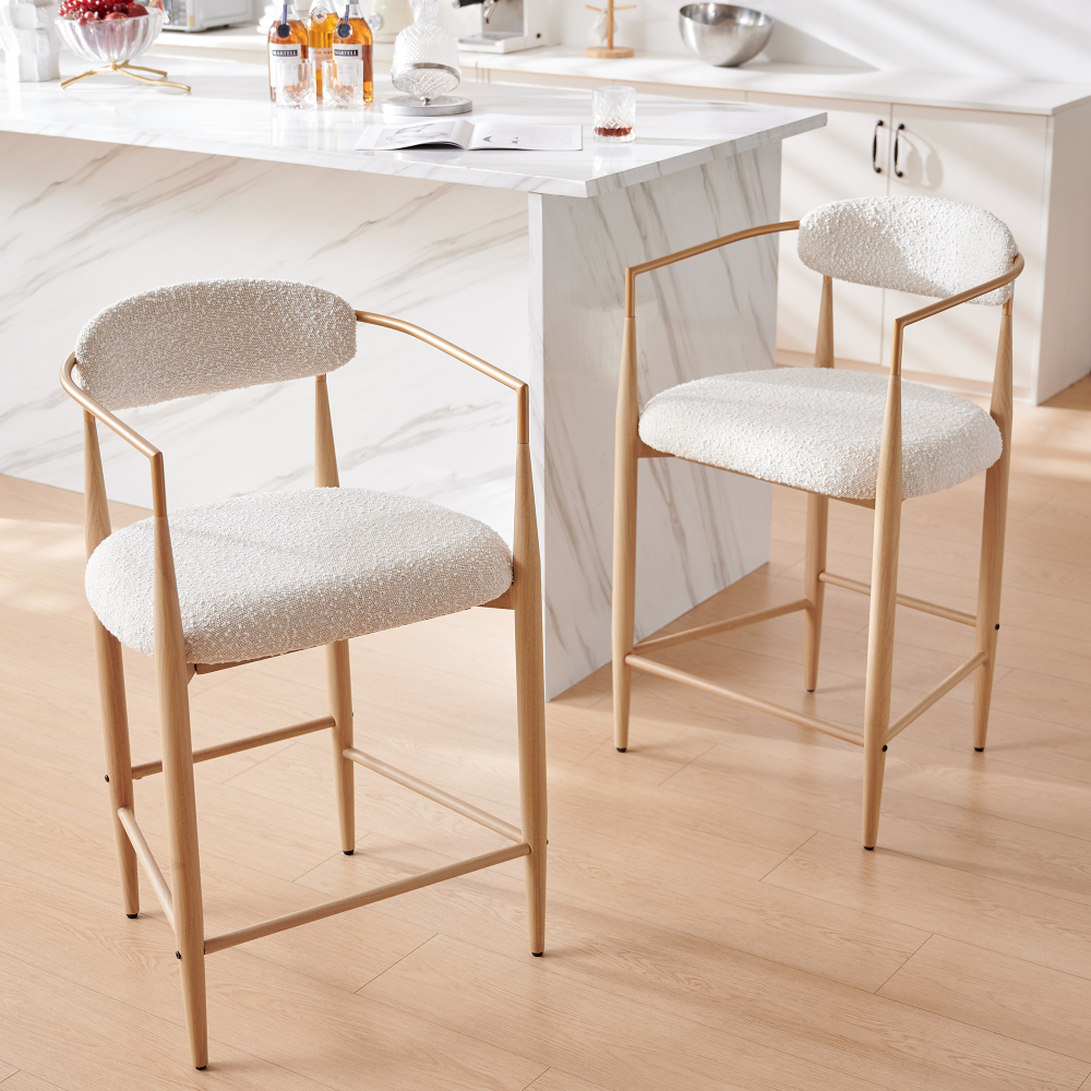 Boucle White Counter Height Bar Stool for Kitchen Island, Dining Room Metal Arm Chair Pub Barstools Set of 2