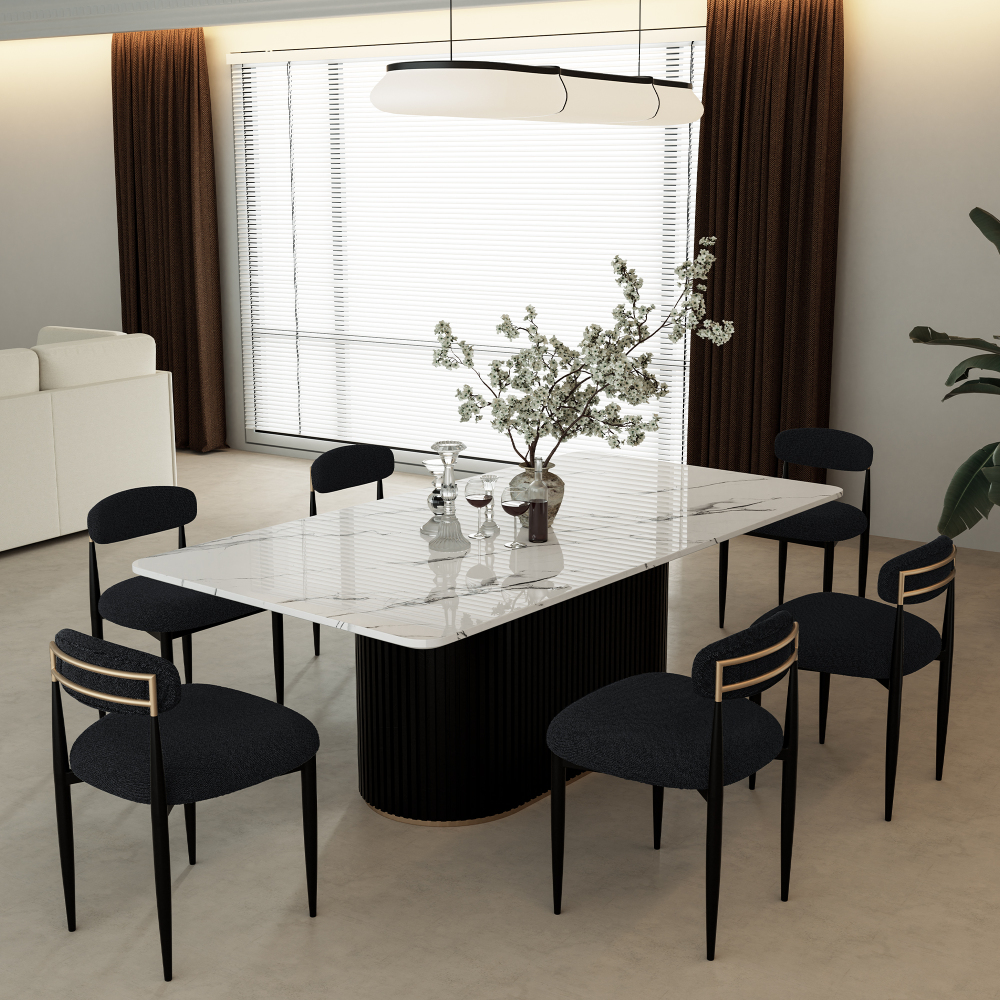 Modern 7-Piece Faux Marble Dining Table Top with Boucle Armless Chairs in Black Dining Room Set for Kitchen