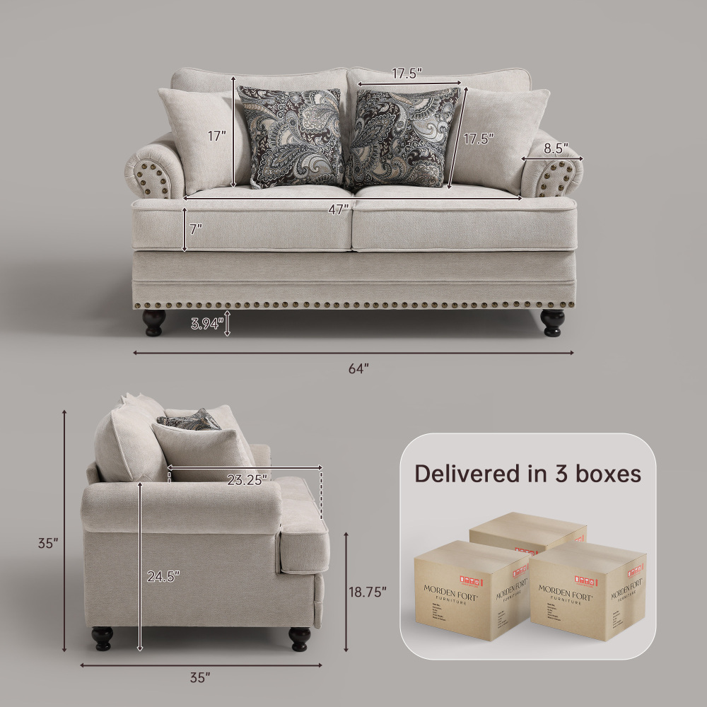 3-Pieces Chesterfield Rolled Arm Couch Set Beige Chenille Sofa Loveseat and Armchair with Nail head Living Room Set