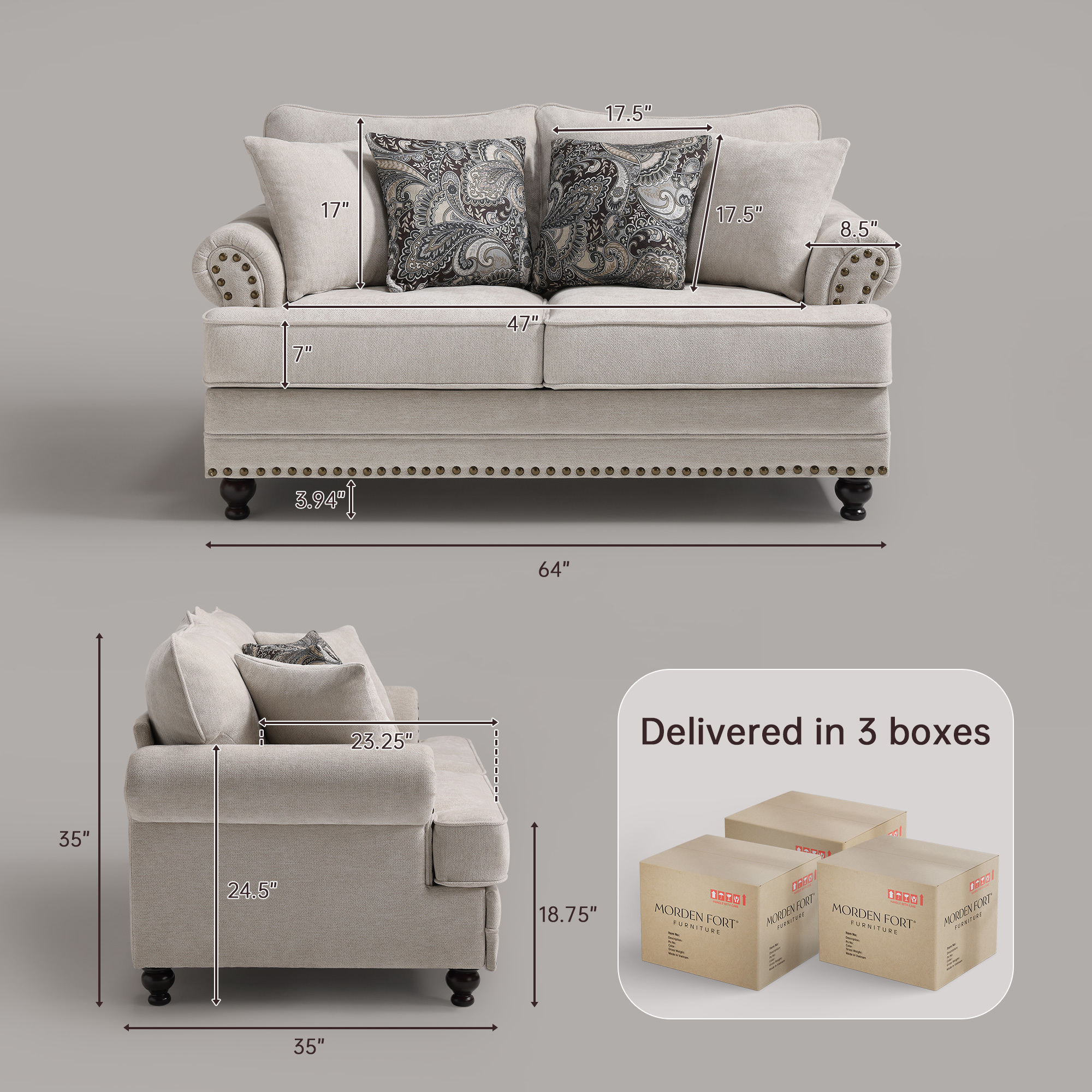4-Pieces Chesterfield Couch Set Chenille Flora Sofa Loveseat and Armchair Living Room Set with Ottoman