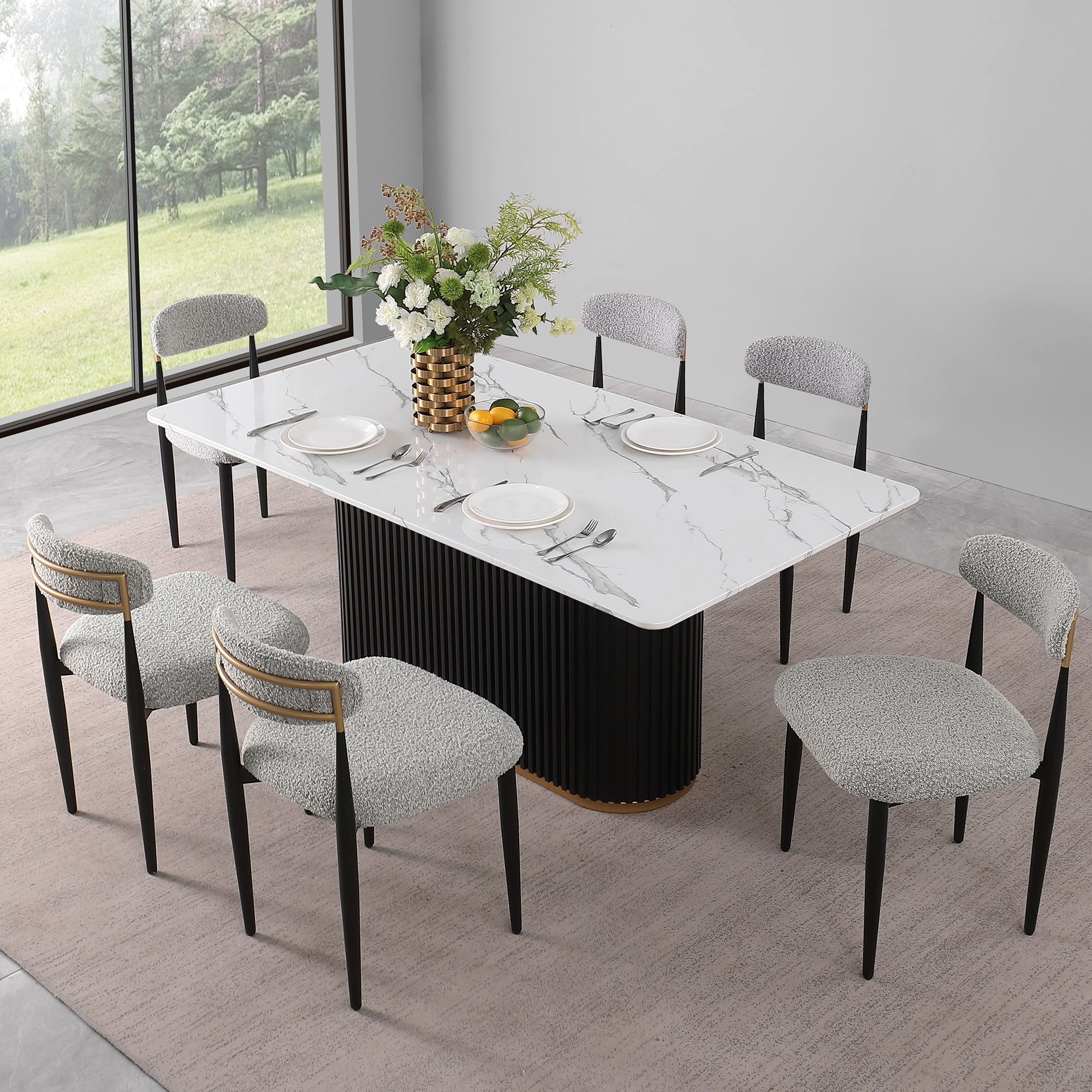 Modern 7-Piece Faux Marble Dining Table Top with Boucle Armless Chairs in Gray Dining Room Set for Kitchen