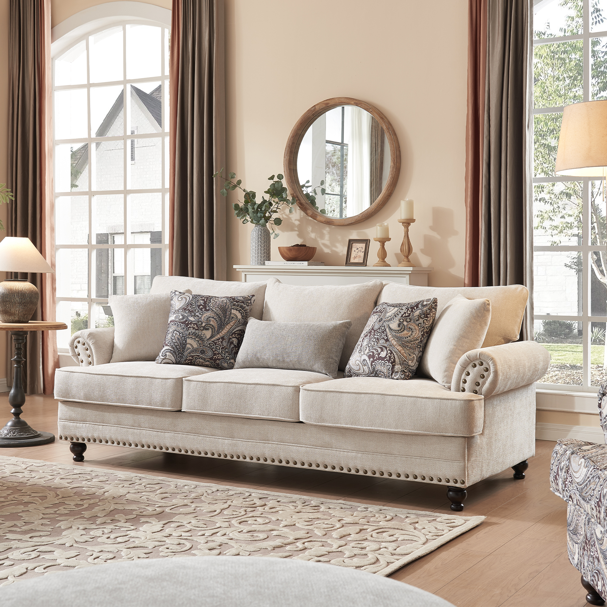 87.5 in. Chesterfield Couch Rolled Arm Chenille Beige Rectangle Sofa for Living Room with Nailhead Trim