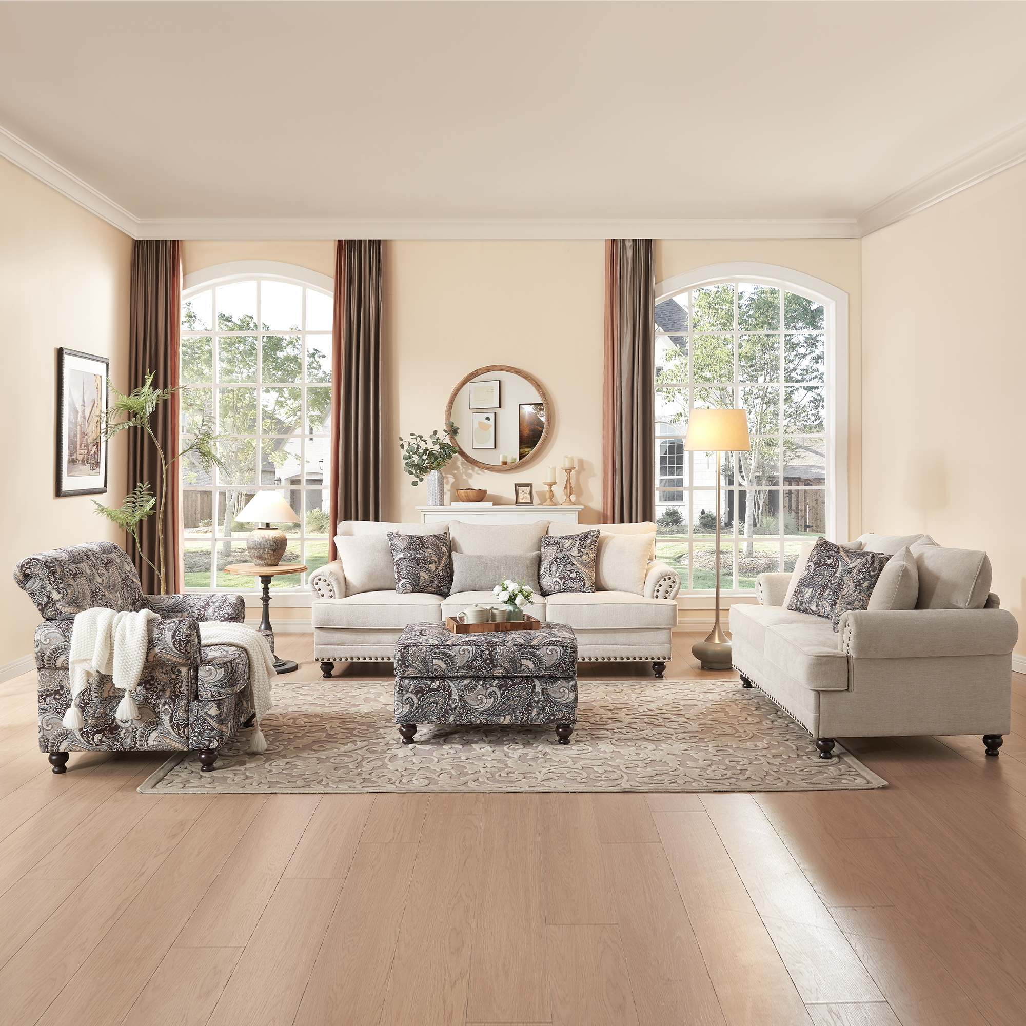 3-Pieces Chesterfield Rolled Arm Couch Set Beige Chenille Sofa Loveseat and Armchair with Nail head Living Room Set