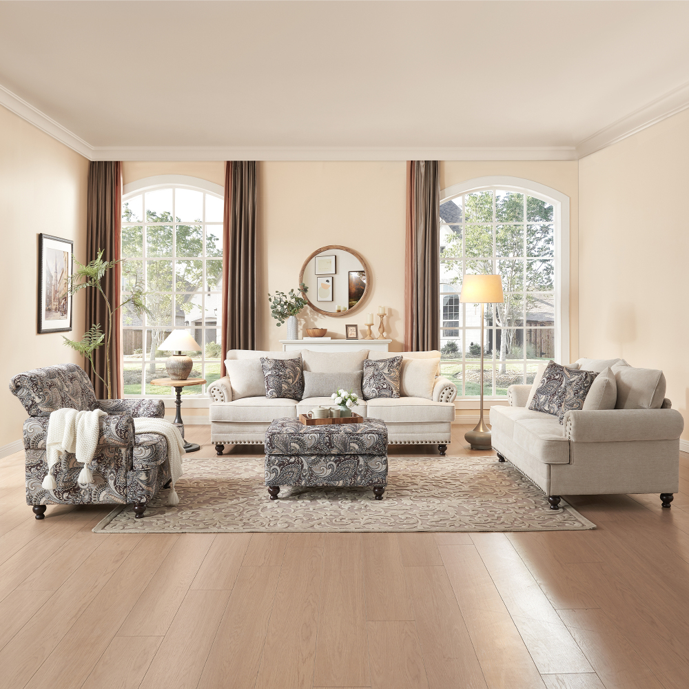 3-Pieces Chesterfield Rolled Arm Couch Set Beige Chenille Sofa Loveseat and Armchair with Nail head Living Room Set