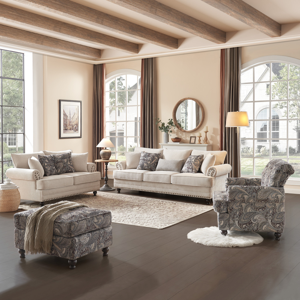 4-Pieces Chesterfield Couch Set Chenille Flora Sofa Loveseat and Armchair Living Room Set with Ottoman